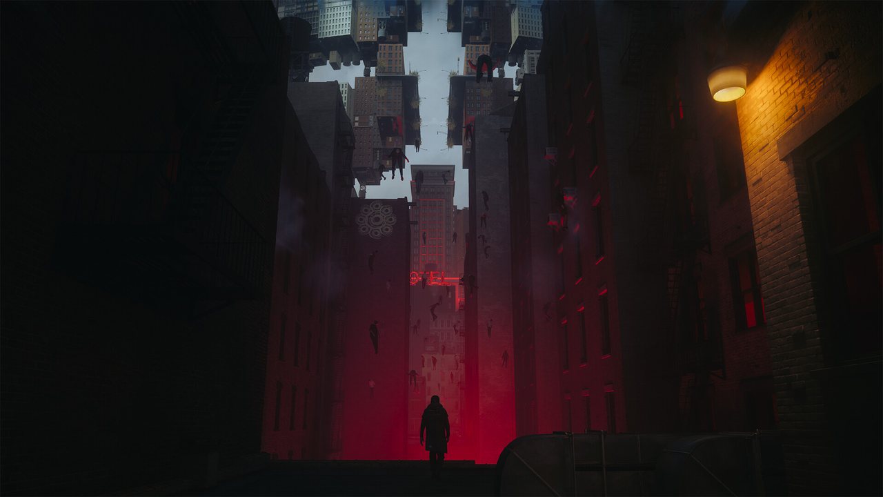 A dark, red-lit corridor in Manhattan explored during the main story